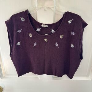 Free People Brown Embroidered Floral Sleeveless Crop Blouse/Sweater Large